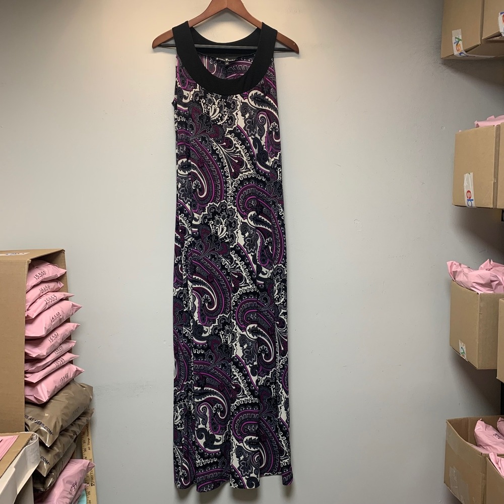 Ellen Parker Maxi Dress Womens Medium Purple Black Paisley Sleeveless Excellent